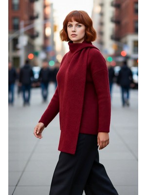 PayBuy Kadın Bordo Şal Detaylı Yün Içerikli Kalın Triko Kazak Düz Desenli Regular Kalıp Uzun Kollu Kışlık