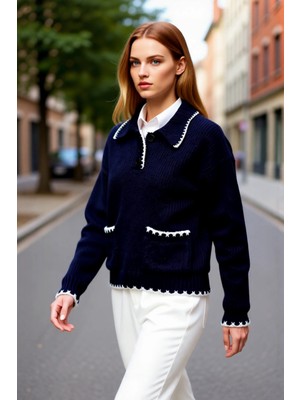 PayBuy Kadın Oversize Polo Yaka Renk Bloklu Triko Kazak Kışlık Günlük Rahat ve Şık Kombinler Için Ideal