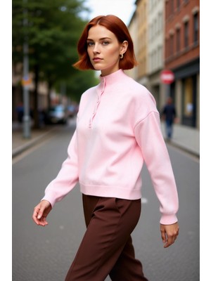 PayBuy Kadın Lacivert Regular Kalıp Dik Yaka Düşük Kol Triko Kazak Günlük Şıklık ve Konfor Sunar Kaliteli