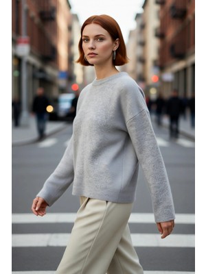 PayBuy Kadın Oversize Düz Bisiklet Yaka Düşük Kol Triko Kazak Kışlık Rahat Şık Günlük Kombinler Için