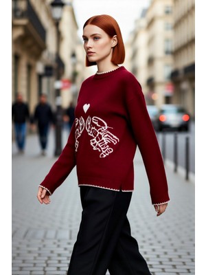 PayBuy Kadın Regular Kalıp Bisiklet Yaka Düşük Kol Slogan Desenli Triko Kazak Kış Günleri Için Ideal Seçim