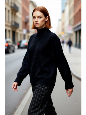 PayBuy Kadın Oversize Kalıp Dik Yaka Düz Triko Kazak Düşük Kol Detaylı Kışlık Şık Günlük Kombinler Için