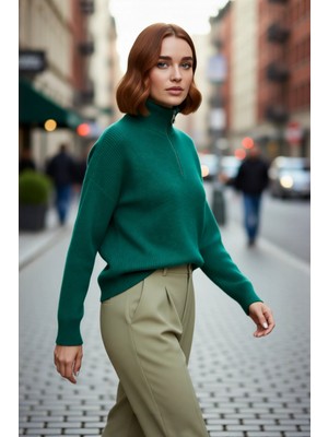 PayBuy Kadın Oversize Düşük Kol Fermuarlı Dik Yaka Triko Selanik Örgü Basic Uzun Kollu Kazak Kaliteli