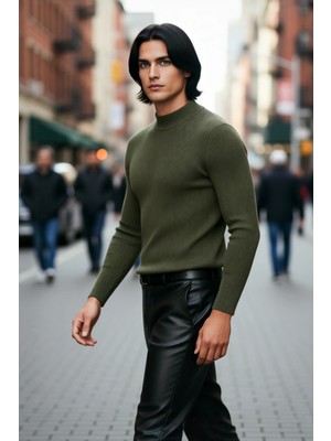 PayBuy Erkek Fitted Dar Kalıp Dik Yaka Uzun Kol Fitilli Triko Kazak Kış Günleri Için Şık ve Rahat Seçim