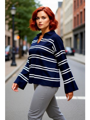 PayBuy Kadın Relaxed Kesim Çizgili Polo Yaka Akrilik Triko Kazak Kış Sezonu Günlük Şıklıkta Konfor Sunar