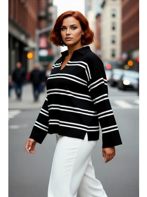 PayBuy Kadın Relaxed Kesim Çizgili Polo Yaka Akrilik Triko Kazak Kış Sezonu Günlük Şıklıkta Konfor Sunar