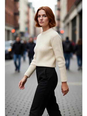 PayBuy Kadın Regular Fit Crop Fitilli Bisiklet Yaka Uzun Kollu Orta Kalın Triko Kazak Kışlık Kombinlerin