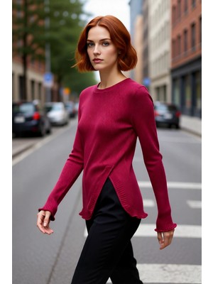 PayBuy Kadın Gül Kurusu Fitted Yırtmaç Detaylı Bisiklet Yaka Ince Triko Kazak Günlük Şıklık Sunar