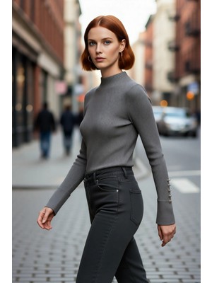 PayBuy Kadın Fitted Dik Yaka Uzun Kollu Fitilli Dokuma Triko Kazak Casual Basic Şıklık Sunar Kaliteli