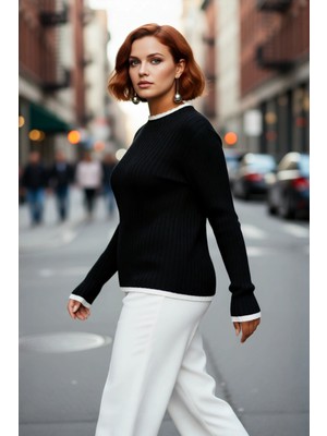 PayBuy Kadın Fitted Dik Yaka Fitilli Triko Kazak Standart Kol Basic Siluet Ince Akrilik Günlük Şıklık