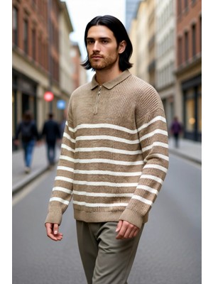 PayBuy Erkek Oversize Kalıp Lacivert Çizgili Polo Yaka Triko Kazak Kışlık Rahat Selanik Dokuma Akrilik