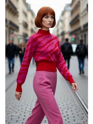 PayBuy Kadın Zebra Desenli Dik Yaka Regular Kalıp Crop Triko Kazak Soğuk Günlerin Şık Seçimi Kaliteli