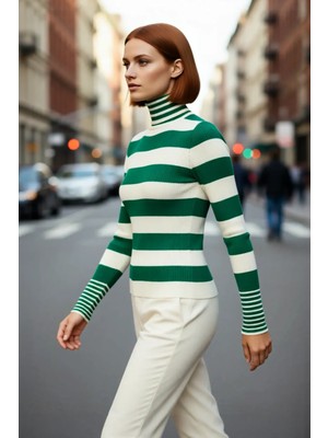 PayBuy Kadın Çizgili Balıkçı Yaka Triko Kazak Basic Regular Kalıp Kışlık Uzun Kollu Günlük Şıklık Sunar