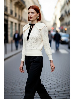 PayBuy Kadın Regular Kalıp Ajurlu Inci Detaylı Fular Yaka Triko Kazak Uzun Kol Kışlık Şık ve Modern