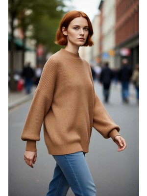 PayBuy Kadın Oversize Balon Kol Selanik Dokuma Bisiklet Yaka Uzun Düz Basic Triko Kazak 100% Akrilik