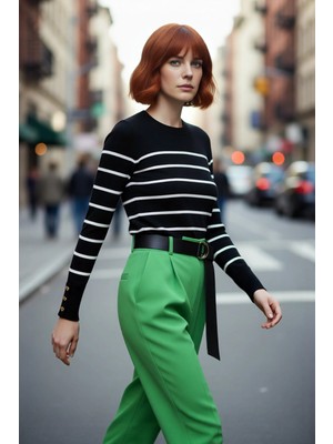 PayBuy Kadın Ekru Çizgili Bisiklet Yaka Fitted Kesim Ince Triko Kazak Ilkbahar Sonbahar Şıklığı Kaliteli