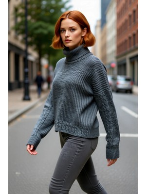 PayBuy Kadın Oversize Balıkçı Yaka Triko Kazak Kış Günleri Için Konforlu Düşük Kol Saç Örgülü Tasarım