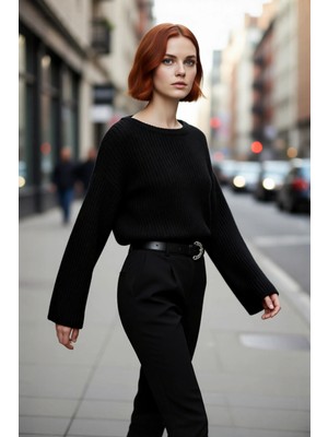 PayBuy Kadın Oversize Gri Akrilik Selanik Dokuma Super Crop Ispanyol Kol Triko Kazak Günlük Stilinize