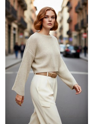 PayBuy Kadın Oversize Gri Akrilik Selanik Dokuma Super Crop Ispanyol Kol Triko Kazak Günlük Stilinize