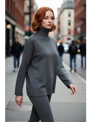 PayBuy Kadın Oversize Balıkçı Yaka Düşük Kol Akrilik Triko Kazak Kış Sezonu Için Uzun Basic Model