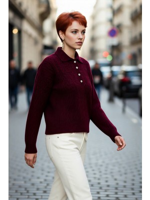 PayBuy Kadın Oversize Saç Örgü Polo Yaka Triko Kazak Düşük Uzun Kollu Kışlık Rahat Basic Şıklık Kaliteli