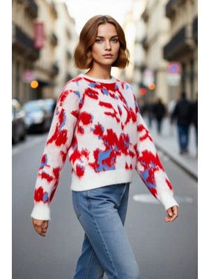 PayBuy Kadın Oversize Bisiklet Yaka Batik Desenli Düşük Kol Akrilik Triko Kazak Günlük Şıklık Kaliteli