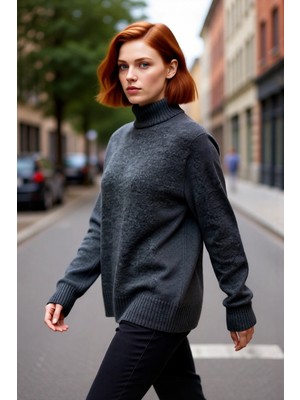 PayBuy Kadın Oversize Düşük Kol Dik Yaka Uzun Triko Kazak Basic Modern Rahat Kış Günlük Şıklığı Sunar