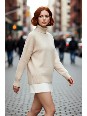 PayBuy Kadın Oversize Düşük Kol Dik Yaka Uzun Triko Kazak Basic Modern Rahat Kış Günlük Şıklığı Sunar