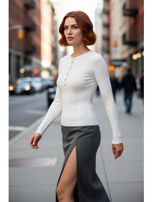PayBuy Kadın Fitted Vücuda Oturan Fitilli Bisiklet Yaka Uzun Kollu Triko Kazak Ilkbahar Sonbahar Günlük