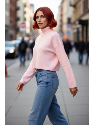 PayBuy Kadın Oversize Balıkçı Yaka Düşük Kol Süper Crop Triko Kazak Kış ve Sonbahar Için Ideal Günlük