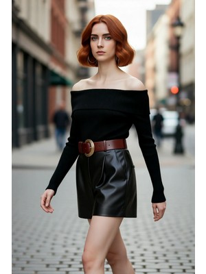 PayBuy Kadın Ekru Carmen Yaka Fitted Crop Triko Kazak Ilkbahar Sonbahar Için Şık ve Basic Tasarım