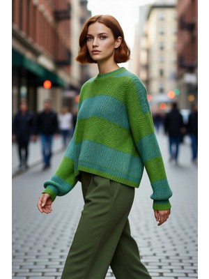 PayBuy Kadın Oversize Bisiklet Yaka Renk Bloklu Uzun Kollu Pike Triko Kazak Kış Günleri Için Ideal Bir