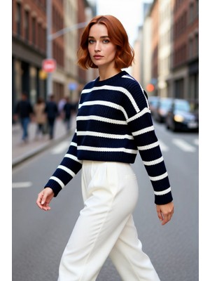 PayBuy Kadın Oversize Bisiklet Yaka Çizgili Crop Triko Kazak Düşük Kollu Rahat Kışlık Kombinler Için