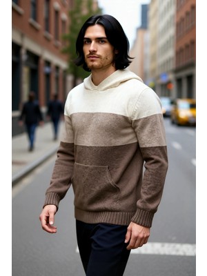 PayBuy Erkek Kapüşonlu Regular Kalıp Renk Bloklu Kanguru Cepli Uzun Kollu Triko Kazak Günlük Stilinize Özel