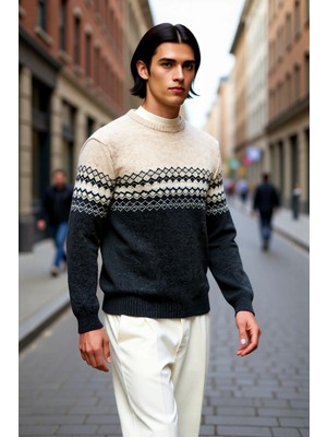 PayBuy Erkek Fitted Etnik Desenli Bisiklet Yaka Triko Kazak Kış Günleri Için Ideal Şık ve Konforlu Bir