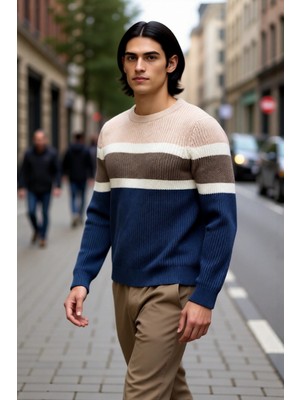 PayBuy Erkek Fitted Kesim Bisiklet Yaka Renk Bloklu Kalın Triko Kazak Günlük Kombinler Için Ideal Seçim.