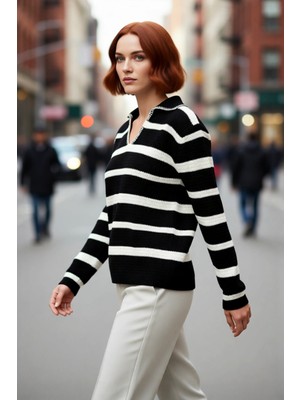 PayBuy Kadın Çizgili Oversize Polo Yaka Düşük Kol Akrilik Triko Kazak Kışlık Basic Tarzınızı Tamamlar