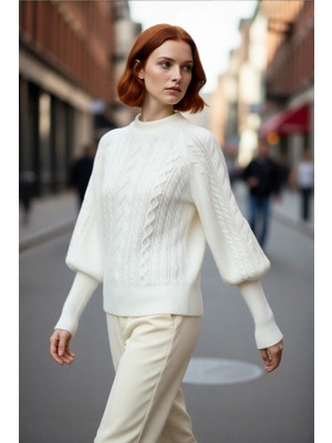 PayBuy Kadın Regular Kalıp Saç Örgü Desen Dik Yaka Balon Kol Triko Kazak Günlük Şıklık Sunar Kışa Özel