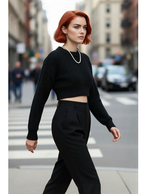 PayBuy Kadın Ekru Regular Kalıp Düşük Kol Bisiklet Yaka Super Crop Basic Triko Kazak Günlük Şıklık