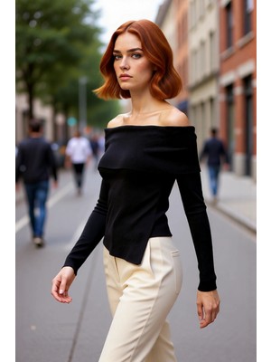 PayBuy Kadın Fitted Carmen Yaka Ince Triko Kazak Uzun Standart Kol Düz Premium Iplik Sonbahar Şıklığı