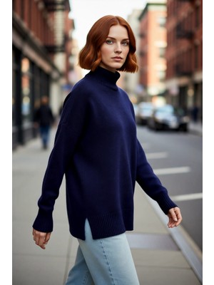 PayBuy Kadın Oversize Düşük Kol Dik Yaka Uzun Triko Kazak Basic Modern Rahat Kış Günlük Şıklığı Sunar