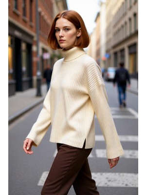 PayBuy Kadın Oversize Balıkçı Yaka Düz Fitilli Triko Kazak Kış Sezonu Için Rahat Şıklık Sunar Kaliteli