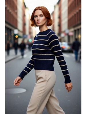 PayBuy Kadın Oversize Lacivert Simli Çizgili Bisiklet Yaka Reglan Kol Triko Kazak Kış Şıklığı Için