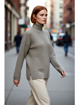 PayBuy Kadın Dik Yaka Fermuarlı Regular Kalıp Düşük Kol Selanik Örgü Uzun Triko Kazak Soğuk Günler Için