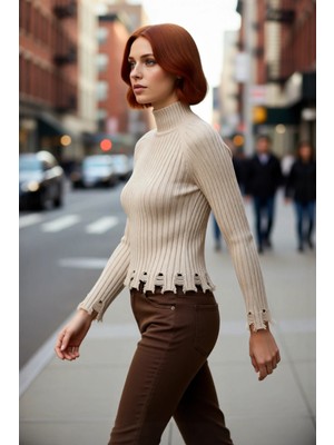 PayBuy Kadın Fitted Kesim Crop Dik Yaka Uzun Reglan Kollu Fitilli Triko Kazak Soğuk Havalar Için Şık ve