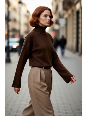 PayBuy Kadın Oversize Balıkçı Yaka Düşük Kol Süper Crop Triko Kazak Kış ve Sonbahar Için Ideal Günlük