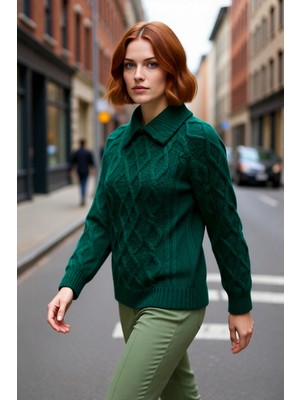 PayBuy Kadın Ekru Regular Kalıp Gömlek Yaka Saç Örgü Desenli Düşük Kollu Uzun Triko Kazak Kışlık Stil