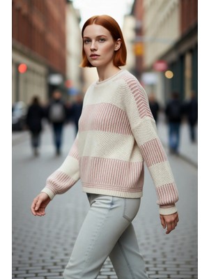 PayBuy Kadın Oversize Bisiklet Yaka Renk Bloklu Uzun Kollu Pike Triko Kazak Kış Günleri Için Ideal Bir