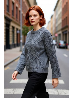 PayBuy Kadın Oversize Saç Örgü Detaylı Kalın Triko Kazak Kışlık Rahat Bisiklet Yaka Standart Kol Kaliteli