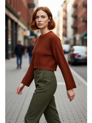 PayBuy Kadın Oversize Gri Akrilik Selanik Dokuma Super Crop Ispanyol Kol Triko Kazak Günlük Stilinize